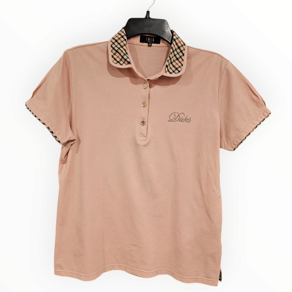 DAKS London Women Peach Pink Contrast Plaid Collar Polo Pullover Shirt 42/L
